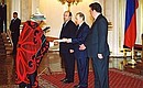 Presentation of credentials. Tekiso Hati, Ambassador of the Kingdom of Lesotho, presenting his credentials to the Russian President.
