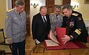 Before the gala event to mark the centenary of the Main Directorate of the General Staff of the Armed Forces of Russia. From left to right: Chief of the General Staff of the Armed Forces of Russia and First Deputy Defence Minister Valery Gerasimov, President Vladimir Putin, Defence Minister Sergei Shoigu, and First Deputy Chief of the Main Directorate of the General Staff of the Armed Forces of Russia, Vice Admiral Igor Kostyukov.