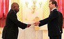 Presentation by foreign ambassadors of their letters of credence. Dmitry Medvedev receives a letter of credence from Ambassador of the Republic of Cote d’Ivoire Bernard Tanoh-Bouchoue.
