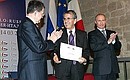 Ceremony presenting the Award for Special Services by Russian and Italian Citizens in Developing Bilateral Cooperation. The award was presented to President of Indesit Company Vittorio Merloni (centre).