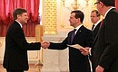 Presentation by foreign ambassadors of their letters of credence. Dmitry Medvedev receives a letter of credence from Ambassador of the United States of America Michael McFaul.