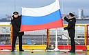 Ceremonial raising of the national flag of the Russian Federation on the icebreaker Viktor Chernomyrdin.
