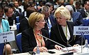 Russia’s Healthcare Minister Veronika Skvortsova (left) and Deputy Healthcare Minister Tatyana Yakovleva at the first WHO Global Ministerial Conference titled Ending Tuberculosis in the Sustainable Development Era: A Multisectoral Response.