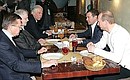 With Chairman of the Federation Council Sergei Mironov, Chairman of the State Duma Boris Gryzlov, Prime Minister Viktor Zubkov and First Deputy Prime Minister Dmitry Medvedev at the Expeditsia far-northern cuisine restaurant.