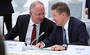 Before the meeting with German business community representatives. Russian Direct Investment Fund CEO Kirill Dmitriev (left) and Gazprom CEO Alexei Miller.