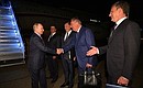 Arrival in Amur Region. With Deputy Prime Minister and Presidential Plenipotentiary Envoy to the Far Eastern Federal District Yury Trutnev (left), Deputy Prime Minister Marat Khusnullin, General Director of the Roscosmos State Corporation for Space Activities Dmitry Rogozin and Amur Region Governor Vasily Orlov (right).