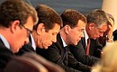 State Council Presidium meeting on measures to strengthen countering drugs consumption among young people. From left to right: Presidential Aide Sergei Prikhodko, Deputy Prime Minister Alexander Zhukov, Dmitry Medvedev, and Presidential Aide and Secretary of the State Council Alexander Abramov.