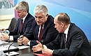 Before the start of a meeting on preparations for the 29th Winter Universiade Krasnoyarsk 2019. From left to right: Sports Minister Pavel Kolobkov, Interior Minister Vladimir Kolokoltsev, and Director of the Federal Security Service Alexander Bortnikov.