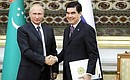 Following talks, Vladimir Putin and Gurbanguly Berdimuhamedov signed a Joint Statement of the President of the Russian Federation and the President of Turkmenistan and the Strategic Partnership Treaty between the Russian Federation and Turkmenistan. Photo: TASS