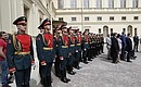 Во время церемонии открытия памятника Александру III в Гатчинском дворце.