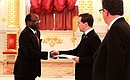 Presentation by foreign ambassadors of their letters of credence. Dmitry Medvedev receives a letter of credence from Ambassador of the Republic of Guinea-Bissau Seco Intchasso.