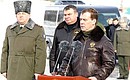 With Strategic Missile Forces Commander Lieutenant General Sergei Karakayev (left) and Defence Minister Anatoly Serdyukov at the 626th Missile Regiment's deployment ceremony.