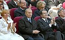 A concert during the official opening of the Constantine Palace in Strelna. In the first row, left to right — Lyudmila and Vladimir Putin, European Commission President Romano Prodi, Prime Minister of Luxembourg Jean-Claude Juncker. In the second row, left to right — Irina Kasyanov, the wife of the Russian Prime Minister, French President Jacques Chirac and his wife, Bernadette.
