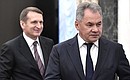 Defence Minister Sergei Shoigu (right) and Foreign Intelligence Service Director Sergei Naryshkin before the expanded meeting of the Security Council.