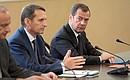 Before the working meeting with permanent members of the Security Council. From right to left: Prime Minister Dmitry Medvedev, State Duma Speaker Sergei Naryshkin and Security Council Secretary Nikolai Patrushev.