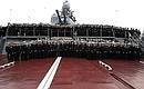 With the crew of the heavy nuclear cruiser Peter the Great after the military exercises of the Northern Fleet.