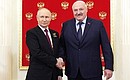 Before the parade, Vladimir Putin welcomed the heads of foreign states who had arrived in Moscow for the celebrations, in the Heraldic Hall of the Kremlin. With President of Belarus Alexander Lukashenko. Photo: Vladimir Smirnov, TASS