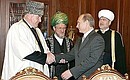 Meeting with the spiritual leaders of Russia\'s Muslim communities. With Chairman of the Spiritual Directorate of the Muslims of Russia Talgat Tadzhuddin, Chairman of the Coordinating Centre of the Muslims of the North Caucasus Ismail Berdiev and head of the Russian Council of Muftis Ravil Gainutdin (from left to right).
