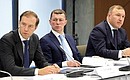 At the meeting on increasing the efficiency of the medication supply system. From left to right: Minister of Industry and Trade Denis Manturov, Minister of Labour and Social Protection Maxim Topilin and Head of the Republic of Adygea Murat Kumpilov.