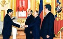 A ceremony for presenting credentials. Nazimullah Chowdhury, Ambassador of the People\'s Republic of Bangladesh, presenting his credentials to President Putin.