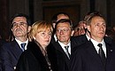 President Putin and his wife, Lyudmila, with Austrian Chancellor Wolfgang Schuessel (centre) and European Commission President Romano Prodi visiting St Isaac\'s Cathedral.