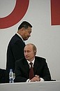 President Vladimir Putin and former Japanese Prime Minister Yoshiro Mori at a ceremony laying the first stone of the Toyota Motor Corporation car plant.