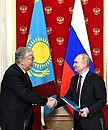 Vladimir Putin and President of Kazakhstan Kassym-Jomart Tokayev signed the Declaration on the 30th Anniversary of Diplomatic Relations between the Russian Federation and the Republic of Kazakhstan.