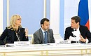 Before the start of a joint meeting of the State Council Presidium and the Commission for the Implementation of Priority National Projects and Demographic Policy on children’s health protection issues. Healthcare and Social Development Minister Tatyana Golikova, Presidential Aide Arkady Dvorkovich, and Deputy Prime Minister Alexander Zhukov.