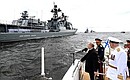 Prior to the main part of the Main Naval Parade, the Supreme Commander-in-Chief sailed aboard a cutter around the combat ships gathered in parade formation in the inner harbor of Kronstadt and greeted the crews.