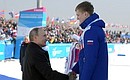 2019 Winter Universiade: ceremony for presenting awards to the winners of the men’s 10km skiing race.