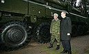 Examining the Topol-M mobile missile system of the Strategic Rocket Forces division. With deputy Prime Minister and Defense Minister Sergei Ivanov.