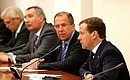 Dmitry Medvedev, Foreign Minister Sergei Lavrov, Russian Permanent Envoy to NATO Dmitry Rogozin, and Deputy Foreign Minister Alexander Glushko at a meeting with participants in the NATO-Russia Council’s meeting (from right to left).