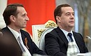 State Duma Speaker Sergei Naryshkin and Prime Minister Dmitry Medvedev at the meeting of the Commission for Monitoring Targeted Socioeconomic Development Indicators.