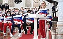 Meeting with Russian Olympic team. Svetlana Romashina, merited master of sports in synchronized swimming, spoke on behalf of the Russian Olympic team.