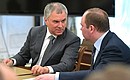 State Duma Speaker Vyacheslav Volodin (left) and Chief of Staff of the Presidential Executive Office Anton Vaino before a meeting with permanent members of the Security Council.