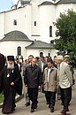 President Putin with Lev, the Archbishop of Novgorod and Staraya Russa, and Governor of the Novgorod Region Mikhail Prusak (2nd from right) at the Citadel of Novgorod.