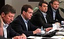 During the meeting on the Olympic construction programme. Deputy Prime Minister Dmitry Kozak, Dmitry Medvedev, Transport Minister Igor Levitin, Krasnodar Territory Governor Alexander Tkachev.