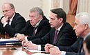 Communist Party faction leader Gennady Zyuganov, LDPR faction leader Vladimir Zhirinovsky, State Duma Speaker Sergei Naryshkin, and United Russia faction leader Vladimir Vasilyev at a meeting with State Duma party faction leaders.