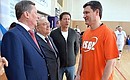 Before basketball match between student basketball clubs. Left to right: Chief of Staff of the Presidential Executive Office Sergei Ivanov, Moscow State University Rector Viktor Sadovnichy, Olympic Committee President Alexander Zhukov and ISBL team player and Energy Minister Alexander Novak.