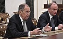 Foreign Minister Sergei Lavrov and Secretary of the Security Council Nikolai Patrushev at the meeting with permanent members of the Security Council.