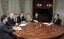Meeting with United Russia party leadership. From right to left: Dmitry Medvedev, First Deputy Chief of Staff of the Presidential Executive Office Vladislav Surkov, Acting Secretary of the General Council’s Presidium Sergei Neverov, Chairman of the United Russia Supreme Council Boris Gryzlov, and Head of the Central Executive Committee Andrei Vorobyev.