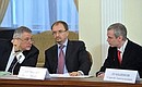 Director of National Research Centre Kurchatov Institute Mikhail Kovalchuk, Rector of St Petersburg State University Nikolai Kropachev, and Director of the Laboratory of Molecular Technologies at the Institute of Bioorganic Chemistry of the Russian Academy of Sciences Academician Sergei Lukyanov at a meeting of the Council for Science and Education.