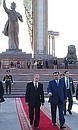 President Putin with Tajik President Emomali Rakhmonov after laying flowers at the monument to 10th century statesman Ismail Samani, the founder of the Samanid dynasty and the first Tajik state.