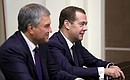 Before the meeting with permanent members of the Security Council. Prime Minister Dmitry Medvedev and State Duma Speaker Vyacheslav Volodin.