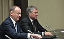Secretary of the Security Council Nikolai Patrushev (left) and State Duma Speaker Vyacheslav Volodin at the meeting with the Security Council permanent members.