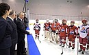 Vladimir Putin visits the new public Olympic Reserve hockey school. With members of the Lokomotiv children’s hockey team.