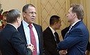Before the start of the XI Russia-Kazakhstan Interregional cooperation Forum. Presidential Aide Yury Ushakov, Foreign Minister Sergei Lavrov and First Deputy Prime Minister Igor Shuvalov.