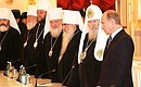 At a meeting with Russian Orthodox clergy to mark the ninetieth anniversary of the patriarchate\'s restoration.