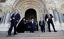 Vladimir Putin and Alexander Lukashenko visit the Stavropegial Naval Cathedral of St Nicholas. With abbot of the cathedral, Archimandrite Alexei (left). Photo: Alexander Demianchuk, TASS
