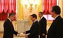 Presentation by foreign ambassadors of their letters of credence. Dmitry Medvedev receives a letter of credence from Ambassador of the Republic of Panama Julio Ernesto Cordoba De Leon.